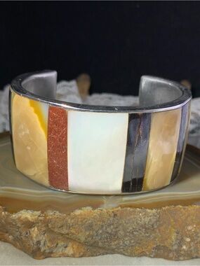 Multi-Stone Inlay Cuff Bracelet in Cream, Tan Vintage Silver Tone Cuff